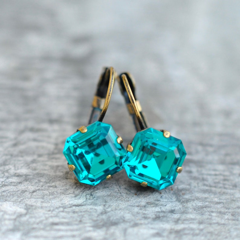 Teal Dangle Earrings, Made with Vintage Swarovski crystal, Vintage Teal Earrings, Blue Zircon Earrings, Teal Crystal Dangles, Teal bridal image 6