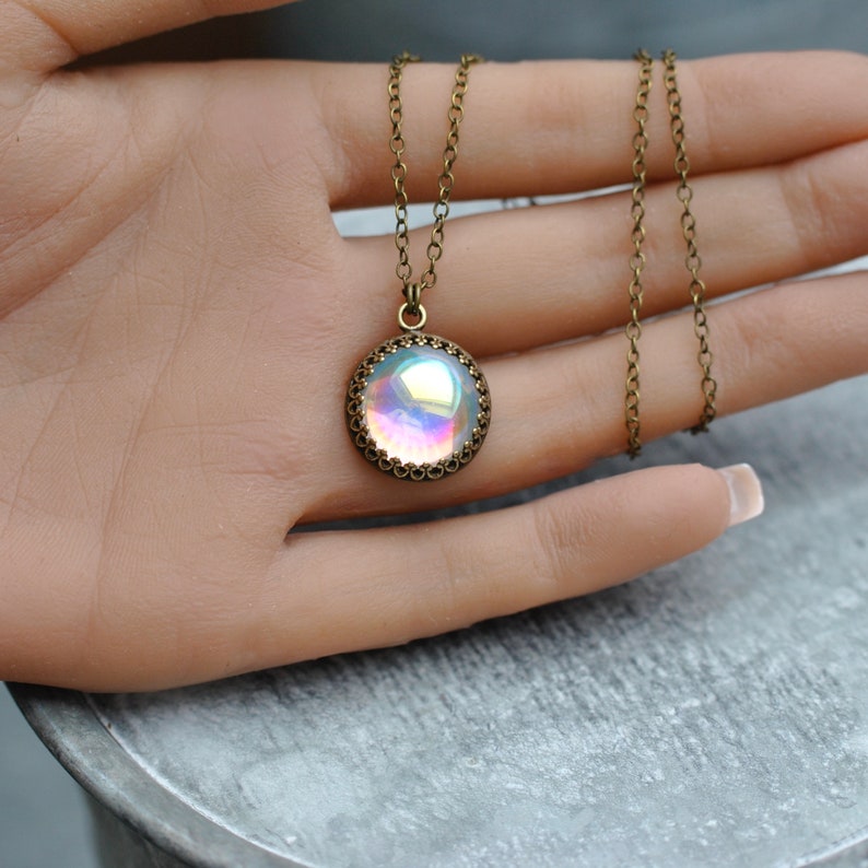 Rainbow Necklace, Aurora Borealis Necklace, Mermaid Jewelry, Glass Bubble, Pastel Rainbow, Vintage Pendant, Bubbles, Mashugana, Gift For Her image 4