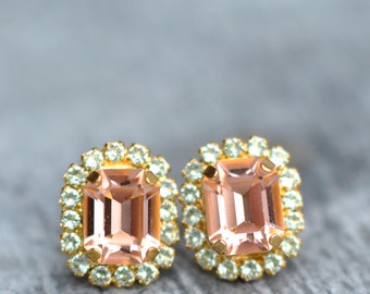 Peach Studs, Peach Mint, Peach Earrings, Mint Green Rhinestone, made with Swarovski, Halo Studs, Vintage Earrings, Crystal Studs, Mashugana