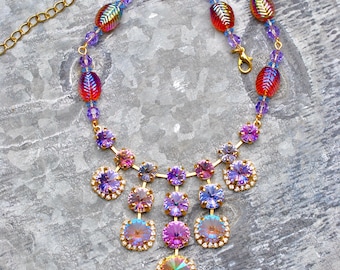Pastel Rainbow, Lavender Necklace, Swarovski Rhinestone Statement Necklace, vintage carnival glass, Topaz Aurora Borealis Glass beads, Gift