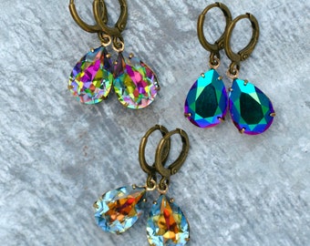 Dark Rainbow Metallic Peacock Denim Rainbow Drop Earrings Huggie Hoops made with Swarovski Crystal Earrings Crystal Dangles Pear Earrings