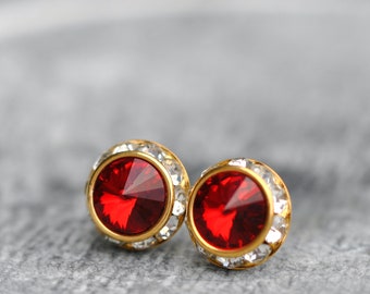 Ruby Red Crystal Stud Earrings, Red Swarovski Studs, Sugar Sparklers, Stud Earrings or Clip Ons, Red Bridesmaid, Mashugana, Gift for her