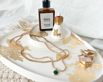 Weiß 24K Gold Display Set, Matte Tablett, Stacking Untersetzer, Weihrauch und Ring Halter