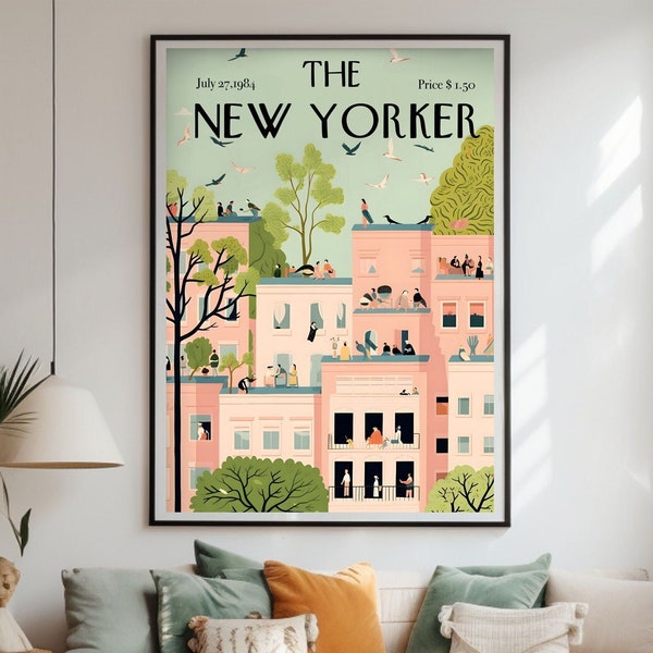 The New Yorker Poster, PRINTABLE Wall Art, Magazine Cover Pastel Citylife Print, Vintage Poster, Modern Living Room Painting, Pink Newyorker