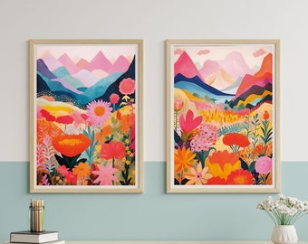 Abstract Mountain Artwork Set of 2, Colorful Patchwork Wall Art, Bright Abstract Art, Living Room Print , Illustration, Eclectic Floral Gift