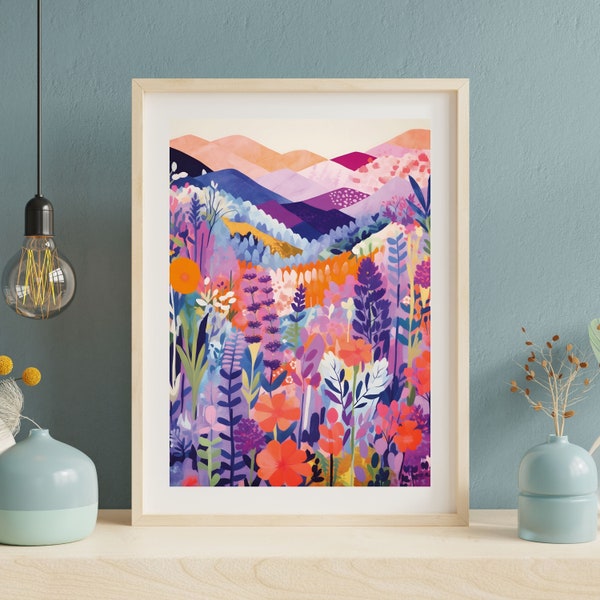 Lavender Field Dreamscape Wall Art, Patchwork Abstract Landscape Flower Digital Print, Whimsical Print, Purple Hues, Colorful Scenery Art