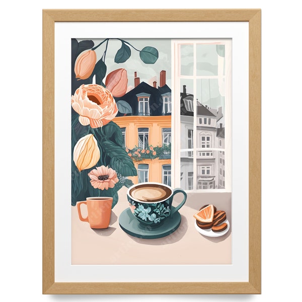 Paris and Coffee View, coffe lover Digital Illustration, Parisian Architecture print, French City, Coffee and Flowers, City Illustration Art