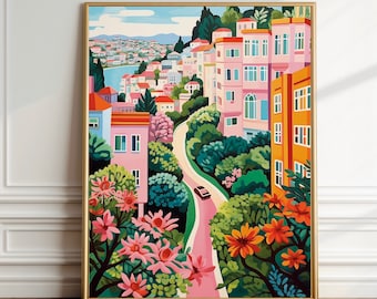 Lombard Street San Francisco Print, Travel Illustration, Summer Bright Vibrant Poster, Colorful Scenery Printable Decor, Vibrant Home Decor