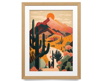 Arizona Kunstdruck, Arizona Wüste Kunst, Wand-Dekor, Saguaro Kaktus, Reise-Illustration, Saguaro Nationalpark, Bunte Wandkunst