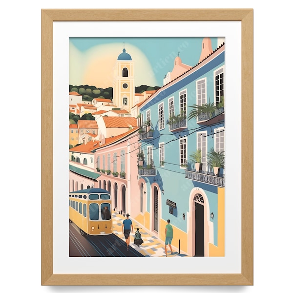 Lisbon Street Print Yellow Tram, Digital Illustration, Colorful Houses, Portugal Art, Home Decor Office Decor, European Charm, Cityscape