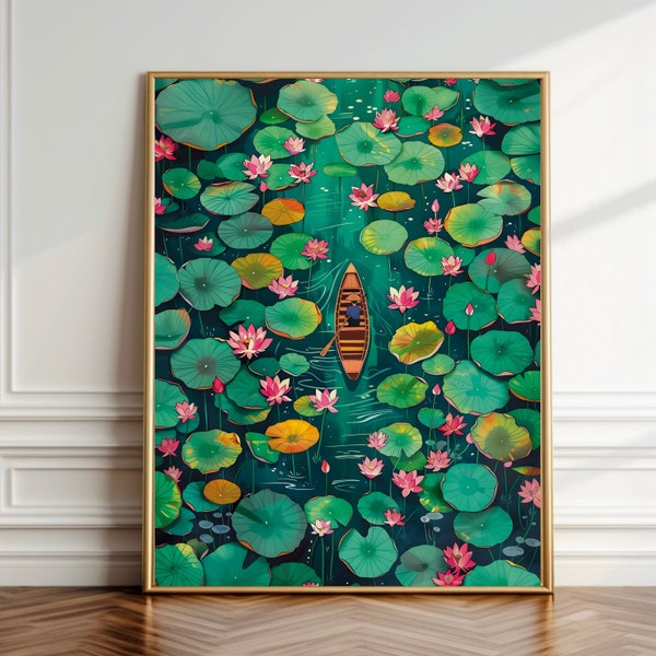 Waterlelie vijvers Wonderland Wall Art Print, afdrukbare waterlelies poster, kleurrijke kunst, bloem artwork, vijver schilderij botanische muur decor