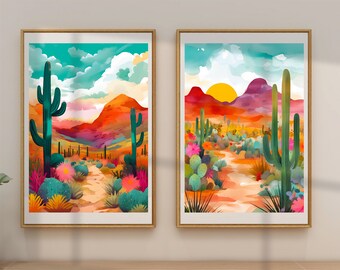 Arizona Illustration 2er-Set, Arizona Wüste Kunst, Saguaro National Park, Housewarming Geschenk, Saguaro Kaktus, Reise Illustration, bunte Kunst