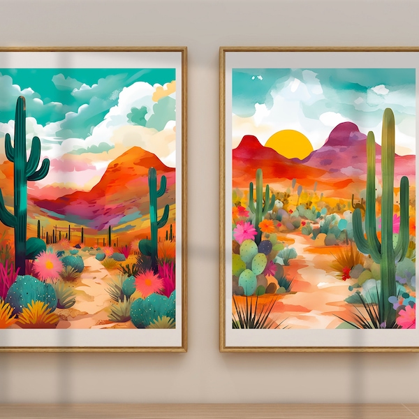 Arizona Illustration Set of 2, Arizona Desert Art, Saguaro National Park,Housewarming gift,Saguaro Cactus,Travel illustration, colorful art