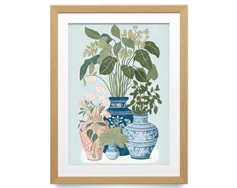 Elegant Blue and Beige Ceramic Vase, 2D Digital Drawing, Floral Arrangement, Wall Art, Home Decoration, Sophisticated Design, Botanical Art