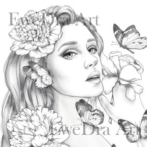 Reine des papillons, EweDra Art, coloriage pour adulte, femme avec des fleurs et des papillons, téléchargement numérique Illustration en niveaux de gris PDF JPG
