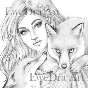 Lady with Foxes, EweDra Art, Coloring Page for Adults, Woman with Foxes, Digital Download Illustration Grayscale  PDF JPG