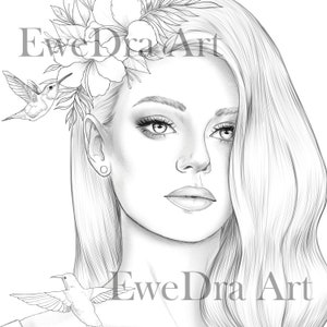 Tiny Colours, EweDra Art, Coloring Page for Adults, Lady and Hummingbird, Digital Download Illustration Grayscale  PDF JPG