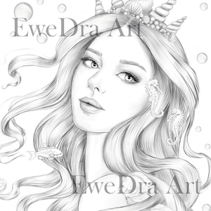 Sea Princess, EweDra Art, Coloring Page for Adults, Mermaid and Sea Horse, Digital Download Illustration Grayscale  PDF JPG
