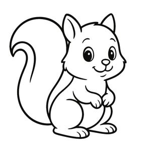 May include: A black and white cartoon illustration of a cute squirrel. The squirrel has a large, fluffy tail, big eyes, and is sitting upright. The image is a simple, clean design, suitable for colouring or children's projects.