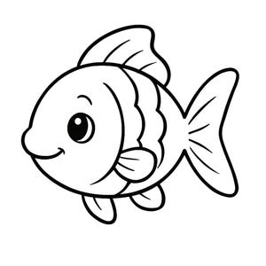 May include: A black and white cartoon illustration of a fish. The fish has a round body, large eye, and a smiling mouth. The fins and tail are detailed with curved lines, giving the fish a playful appearance.