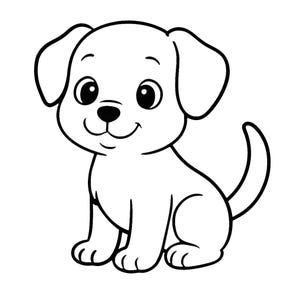 Puede incluir: Ilustración de dibujos animados en blanco y negro de un cachorro sentado con la cola enroscada. El cachorro tiene ojos grandes y expresivos, orejas caídas y una expresión sonriente. La imagen es un simple dibujo lineal.