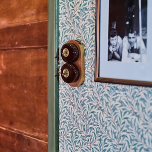 May include: A double light switch featuring two round, dark brown ceramic toggles mounted on an oval wooden base. The switch is installed on a wall covered in white wallpaper with a repeating green and brown leaf pattern.