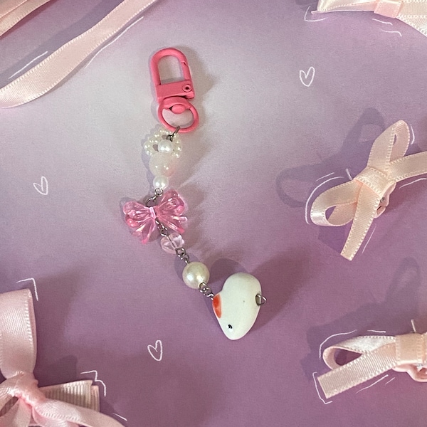 pink pearl bow bunny keychain / charm