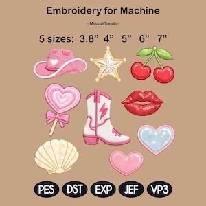 Western Cowgirl Mini Embroidery Bundle (9 Designs), Preppy Y2K Girly Icons Set, Hat Boot Cherries Dice Lips Diamond Small Embroidery Files