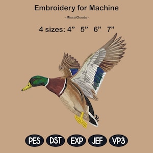 Puede incluir: Diseño de bordado a máquina de un pato real en vuelo. El pato presenta costuras detalladas con colores marrón, verde, azul y blanco. El diseño está disponible en 4 tamaños: 10 cm, 13 cm, 15 cm y 18 cm. Incluye el texto "Bordado para máquina".