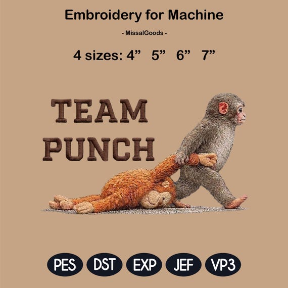 Team Punch Monkey Embroidery Design, Funny Monkey Embroidery, Sarcastic Humor Embroidery File, Cute Monkey Design, 4 Sizes, Digital Download