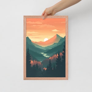 May include: A framed illustration of a mountain range with a lake in the valley. The sky is a vibrant orange and yellow with a white sun. The mountains are green and brown with a forest of trees in the foreground.