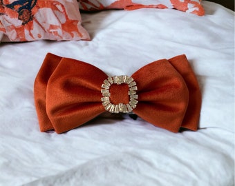 Luxurious Dusty Orange Velvet Hair Bow with Crystal Centrepiece /Dusty Orange Velvet Hair Bow/Velvet with Barrette/Handmade