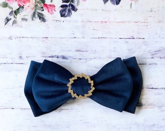 Luxurious Large Royal Blue Velvet Hair Bow with Rhinestone Centrepiece / Blue Velvet with Barrette/Double Layered Velvet / Handmade