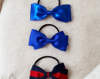 Set of 2/ School Uniform Hair Bow/Pony Tail School Hair Ties/ Navy Blue and Red Stripe Hair Bow/Back to school/Handmade