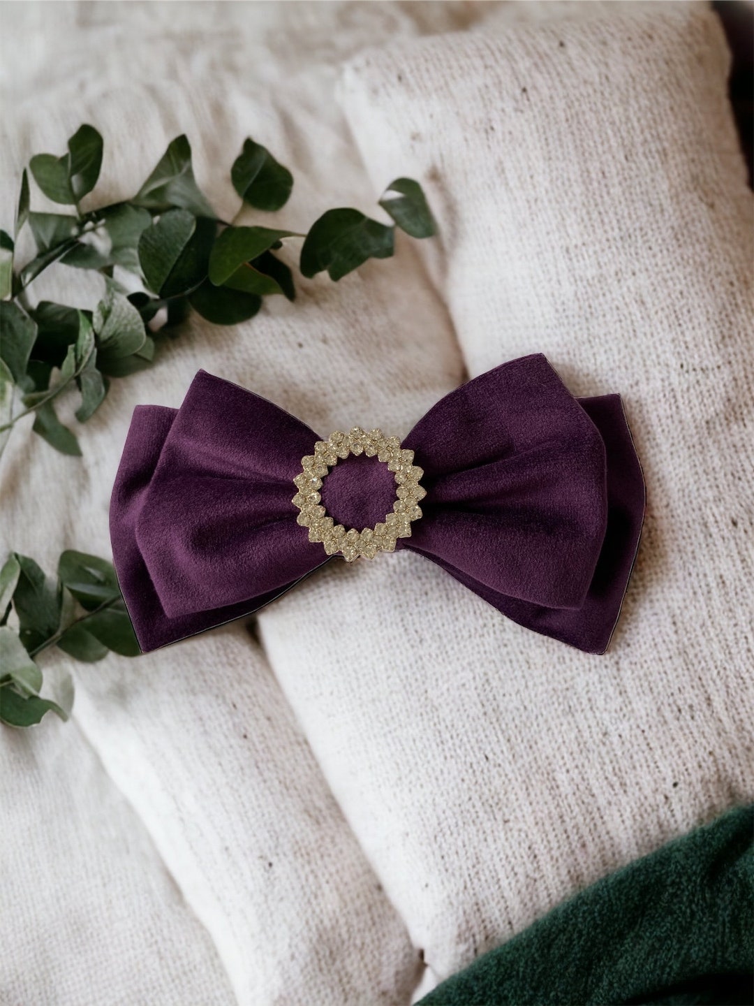 Large Purple Velvet Hair Bow With 2 Rows Rhinestone  display picture 1
