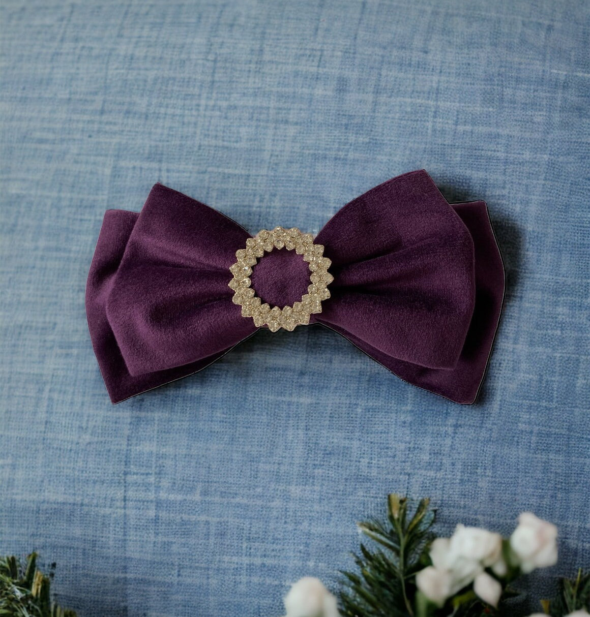 Large Purple Velvet Hair Bow With 2 Rows Rhinestone  display picture 3