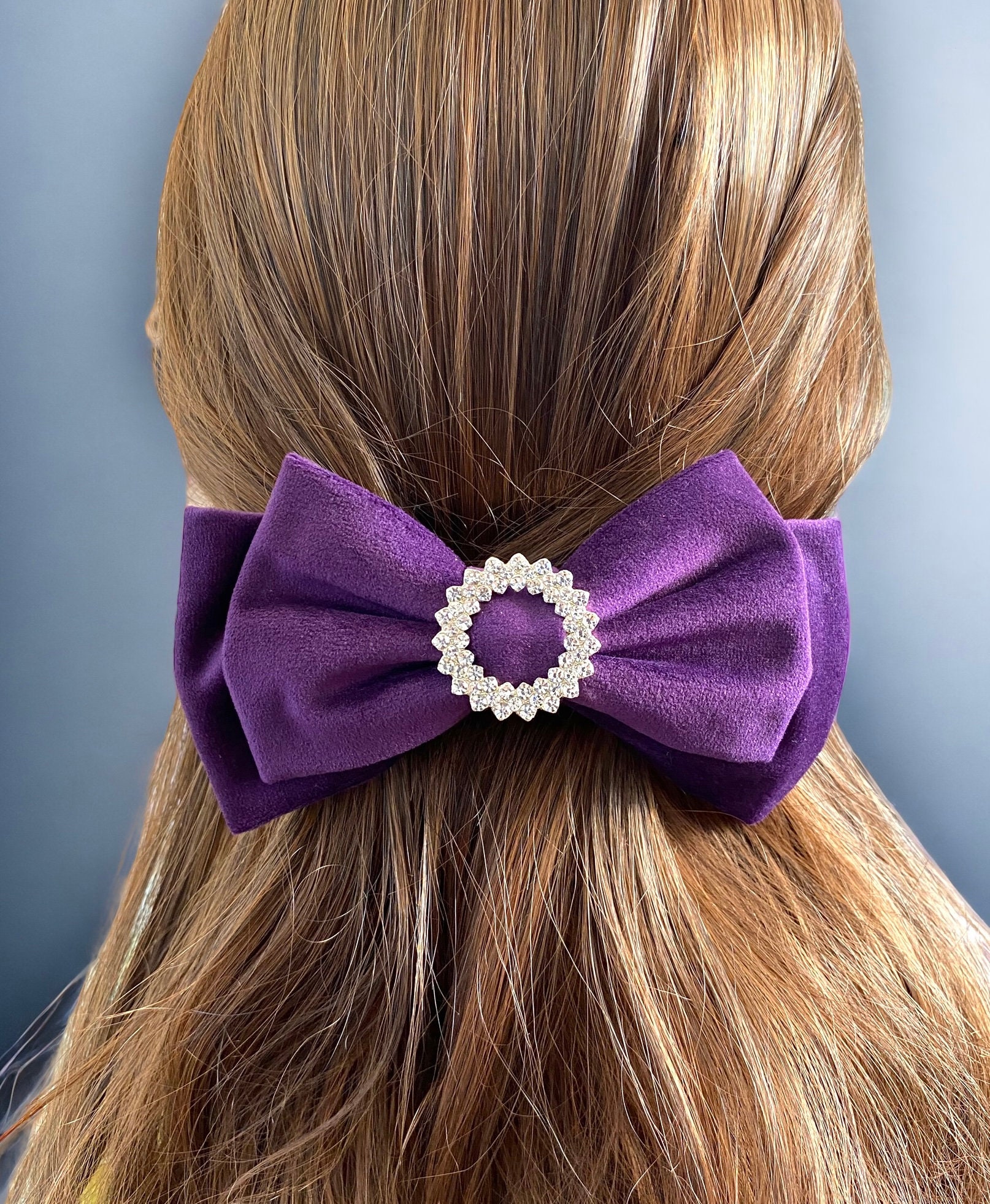 Deep Purple Velvet Pearlescent Stone Barrette Bow velvet hair bows for women, velvet hair bow, rhinestone hair bow main image 3