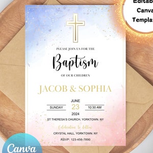 Puede incluir: Plantilla de invitación de bautismo editable en Canva con un fondo de acuarela en tonos azules y rosas. La invitación presenta una cruz dorada, el texto "Bautismo de nuestros hijos", los nombres "Jacob & Sophia", así como la fecha y la hora del evento. También se incluye el texto "Celebración posterior", junto con la ubicación y la información de RSVP.