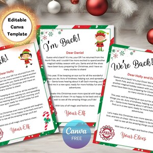 May include: Festive Christmas elf letters with red and green borders, candy cane details, and elf illustrations. The templates say "I'm Back!" and "We're Back!" and are designed for easy editing using Canva.