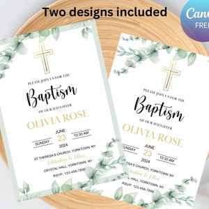 Baptism Invitation Template, Botanical Christening Invite, Eucalyptus Greenery Baptism Invitation, Editable Template, Evite Canva
