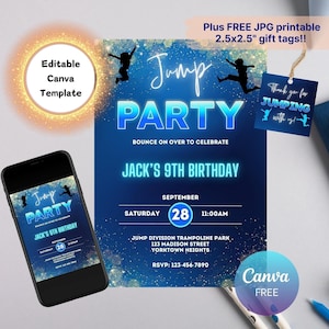 Editable Trampoline Park Birthday Invitation, Trampoline Invitation, Jump Party Invite, Jump Birthday Party Invitation, Glow Party, Canva