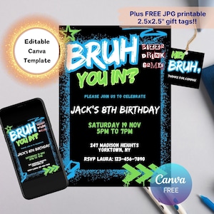 Bruh Birthday Invitation, Any Age, Any Theme Digital Template, Editable Party Invite, Instant Download, Printable Bday Card, Neon Graffiti