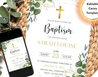 Eucalyptus Greenery Baptism Invitation Template (Editable Canva)