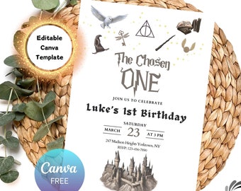 Wizard 1st Birthday Invitation Boy, The Chosen One, Magic School Wizardry Theme Invites, Digital Download Template, First Bday, Canva