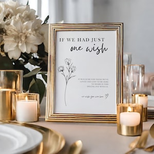 Op de afbeelding: Een gouden lijst met de tekst "IF WE HAD JUST one wish" en een eenvoudige bloemenillustratie. De tekst gaat verder met "IT WOULD BE FOR THOSE WE'VE LOVED AND LOST TO BE HERE TO SHARE IN THIS SPECIAL DAY WITH US. we wish you were here"