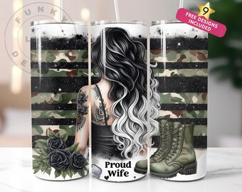 Military Wife Tumbler Wrap, Military Boots, Proud Patriotic Wife, 20 Oz Skinny Sublimation Tumbler Wrap Digital Design PNG File Download
