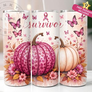 Pink Pumpkin Ribbon Awareness Breast Cancer Survivor Tumbler Wrap 20 oz Skinny Tumbler Sublimation Design Digital Download PNG Instant