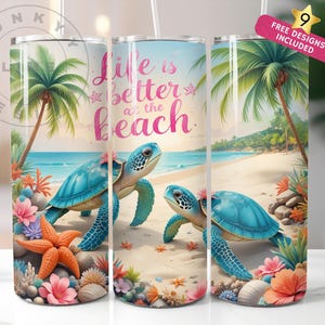 Beach Tumbler Wrap PNG, Sublimation Digital Download, 20 oz Skinny Tumbler Design, Summer Sea Turtle Starfish Instant Digital Download Only
