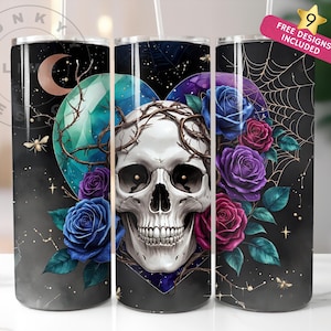 Skull Roses Hearts Tumbler Wrap, Gothic Skull 20 oz Skinny Straight Sublimation Tumbler Design, Spooky Skeleton PNG Digital Download