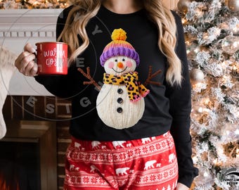 Christmas Crochet PNG, Chunky Yarn Christmas Snowman Design, Leopard Print Winter Sublimation, Cute Holiday Craft Style PNG